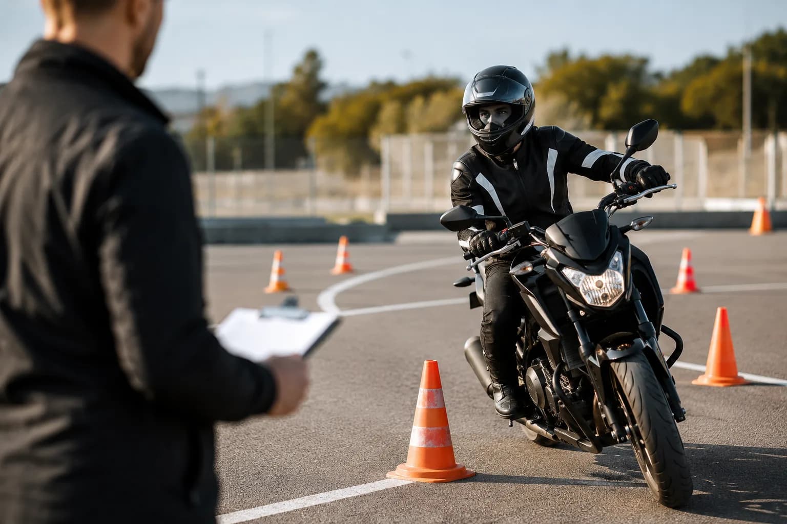 Élève en formation plateau sur une moto, avec son moniteur — auto-école à Nanterre