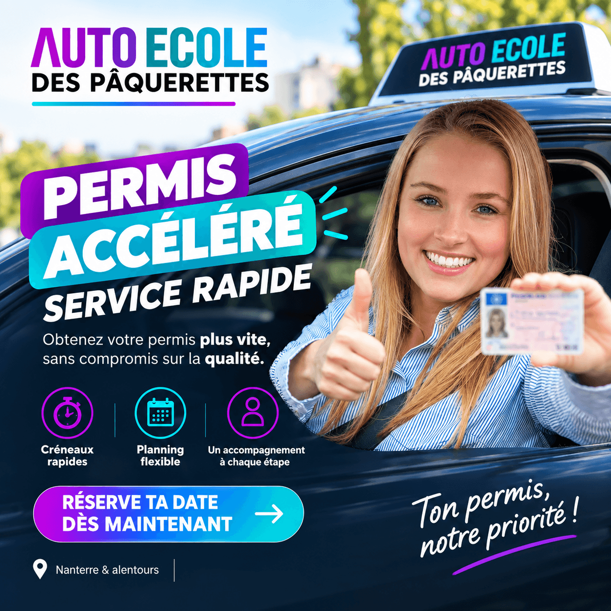 Permis accéléré à Nanterre — service rapide de l'Auto École Des Pâquerettes